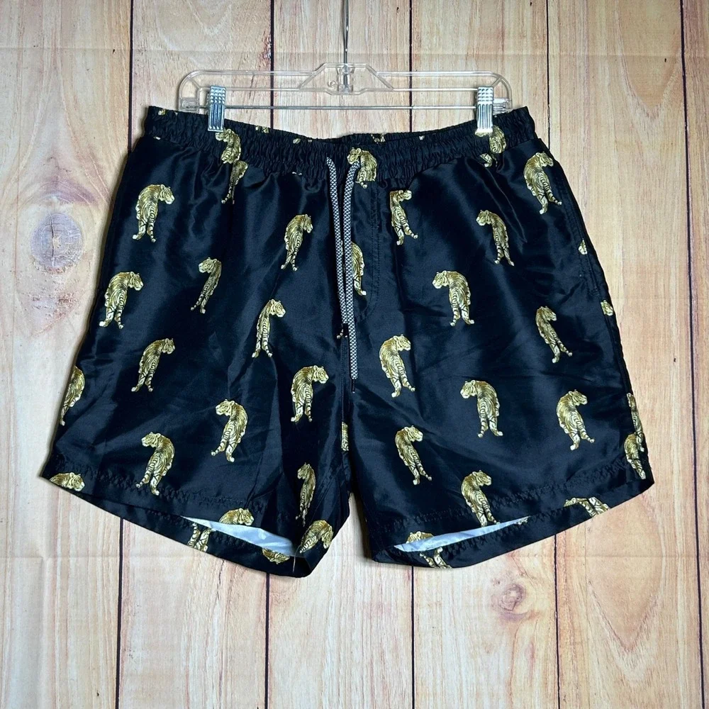 New INC Swim Trunks Mens L Black Gold Tiger Print Mesh Lined Summer‎ Beachy Bold